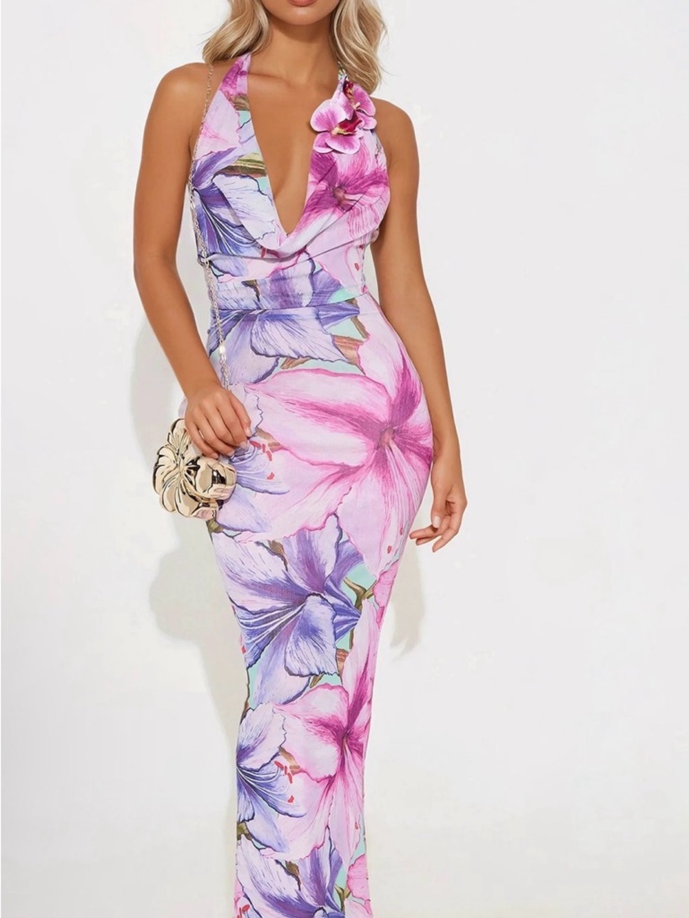 Floral Halter Maxi Dress in Pink and Purple - Elegant Occasion Wear